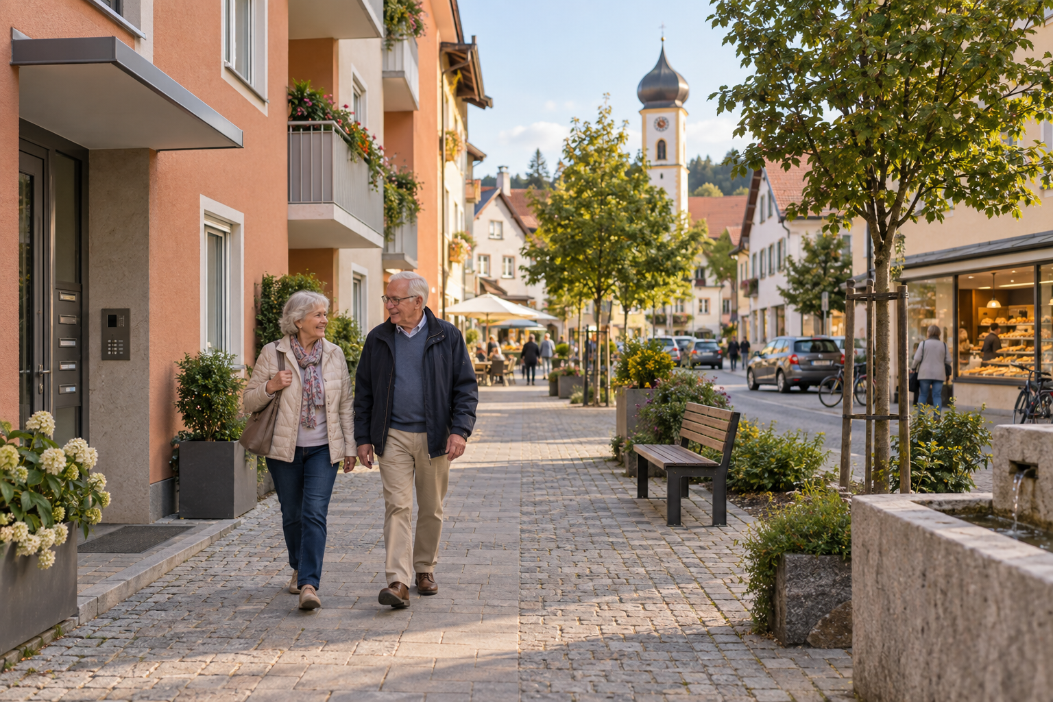 Älteres Paar spaziert bei einem Wohnhaus durch eine bayerische Ortsmitte
